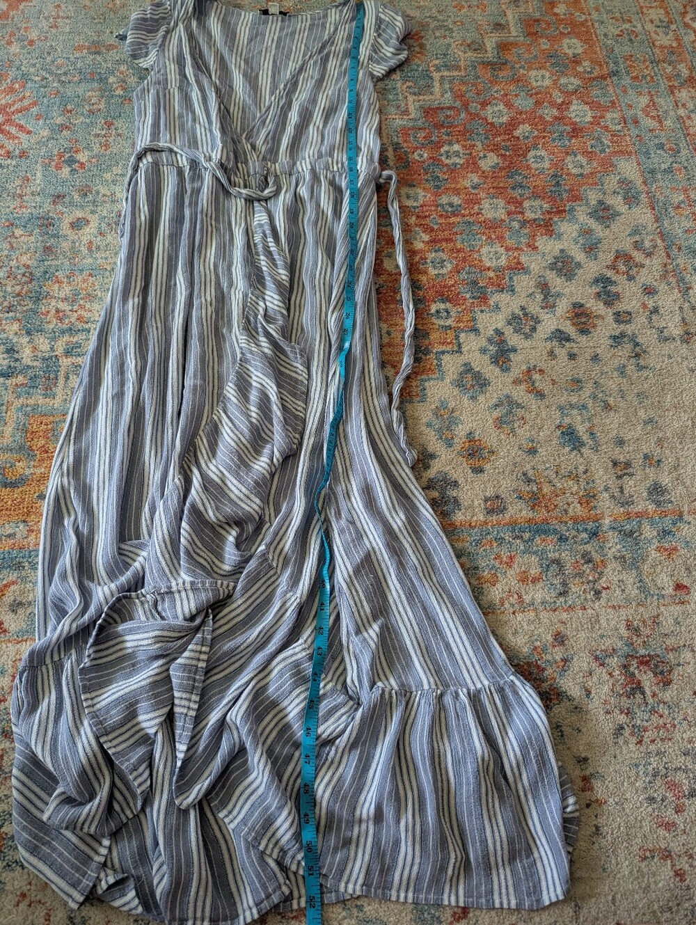 American Eagle Outfitters Women's Medium Blue Stripe Wrap Dress Ruffle Accent - Picture 11 of 11